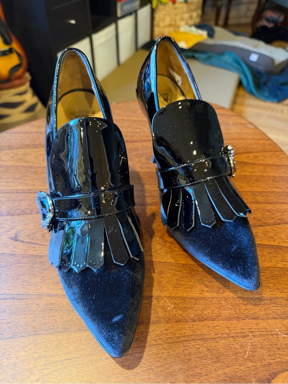 John Fluevog Black Patent & Velvet Fringe Pointed Heels with Buckle